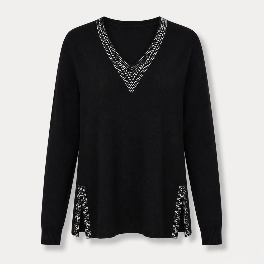 Vida Milano Sweater WMNS S Black Studded V Neck Wool Blend Y2K Evening Glam
